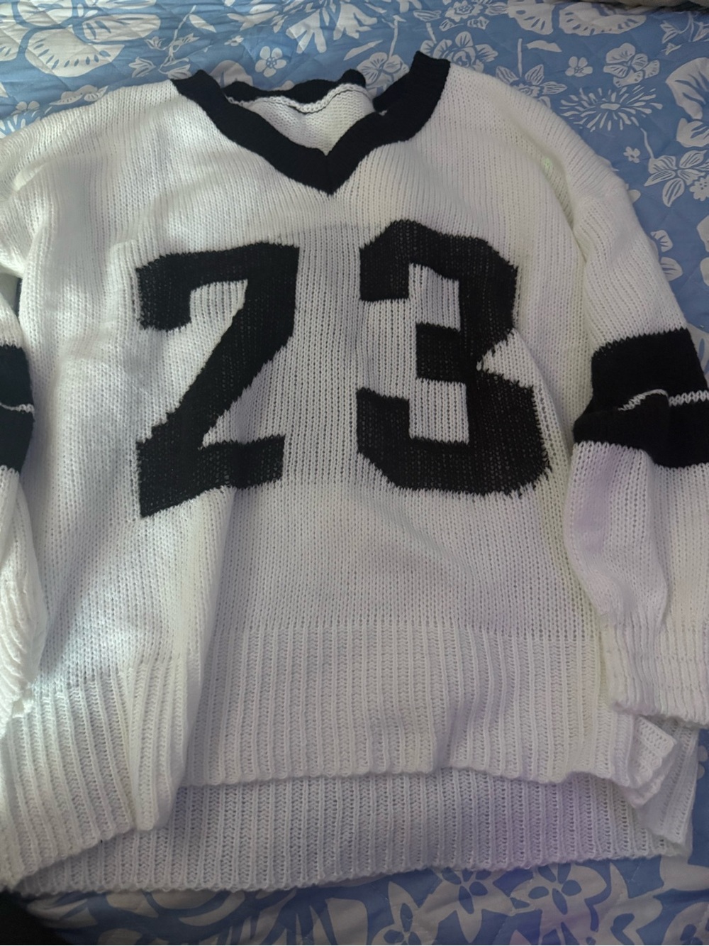 Women’s White V-Neck Sweater with Black Number 23